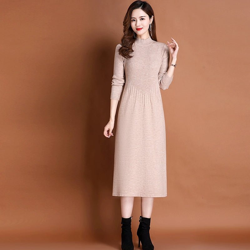 Knitted Wool Mock-Neck A- line Dress for Autumn and Winter