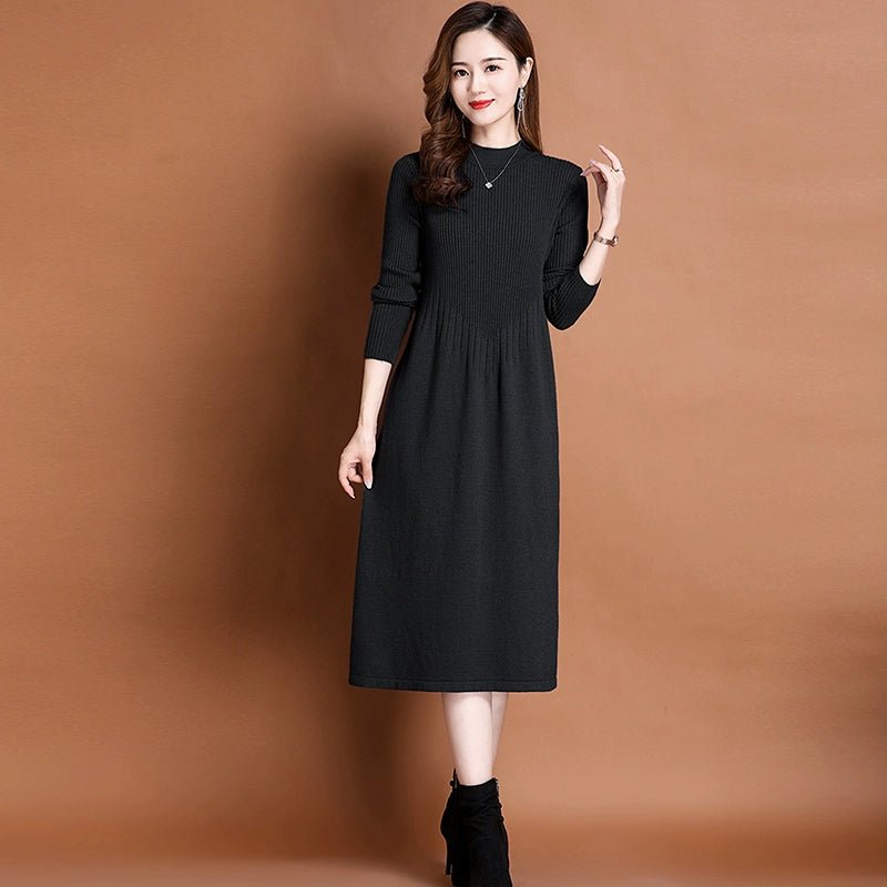 Knitted Wool Mock-Neck A- line Dress for Autumn and Winter