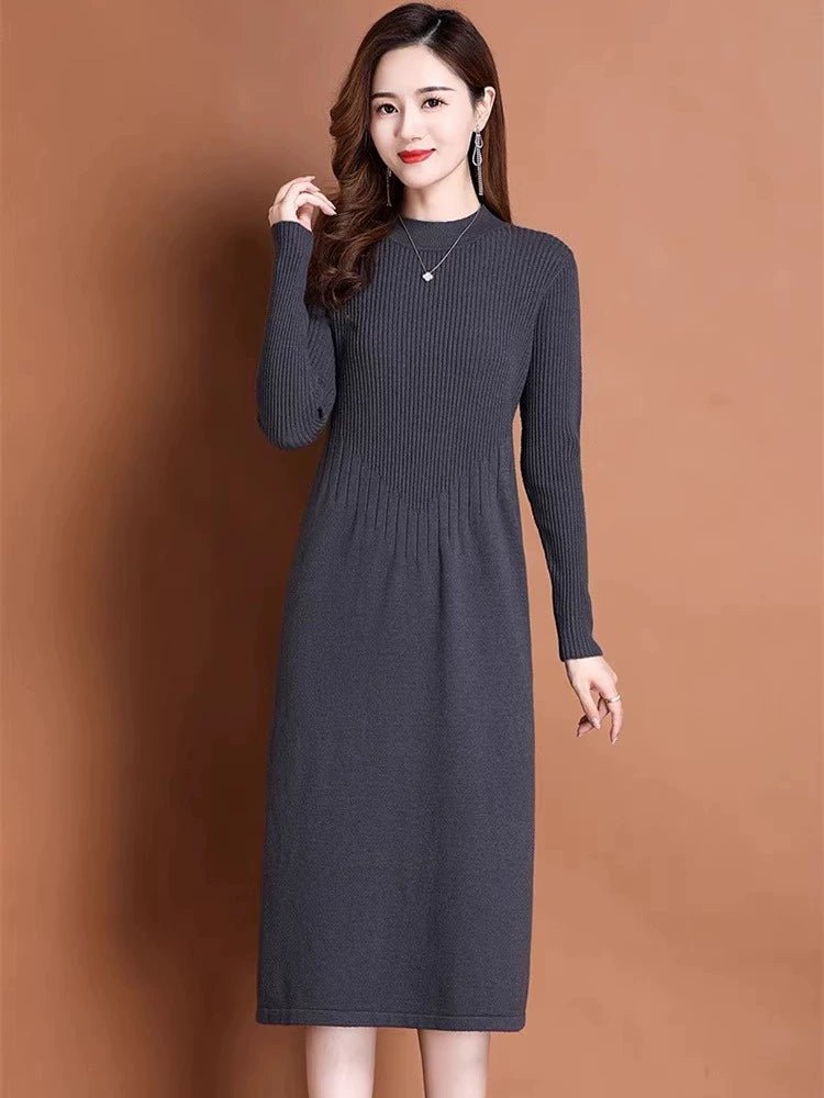 Knitted Wool Mock-Neck A- line Dress for Autumn and Winter