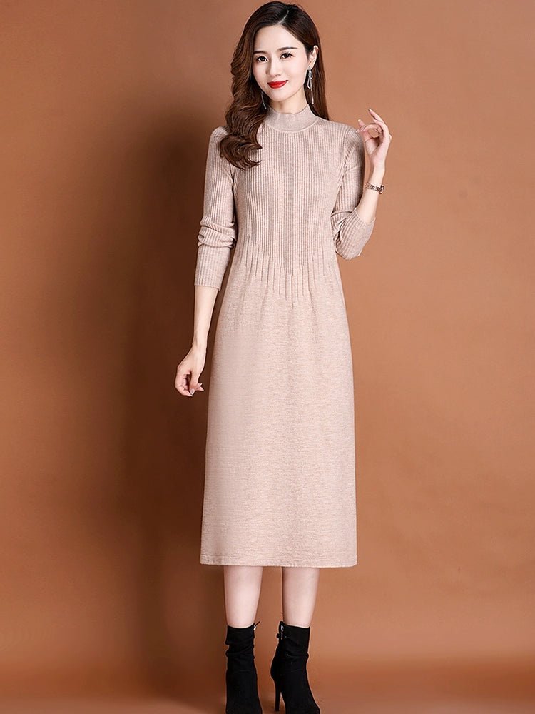 Knitted Wool Mock-Neck A- line Dress for Autumn and Winter