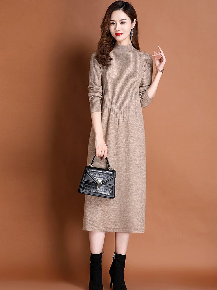 Knitted Wool Mock-Neck A- line Dress for Autumn and Winter