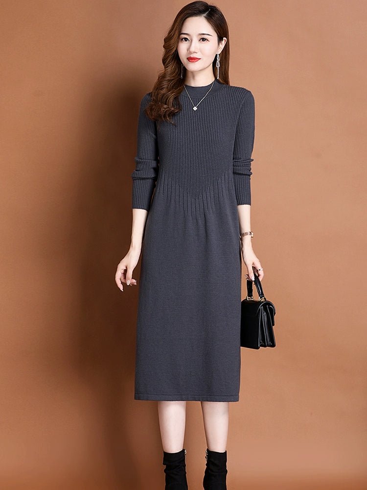 Knitted Wool Mock-Neck A- line Dress for Autumn and Winter