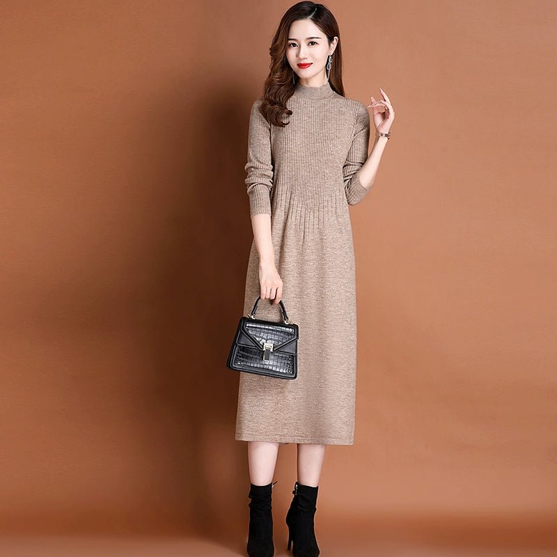 Knitted Wool Mock-Neck A- line Dress for Autumn and Winter