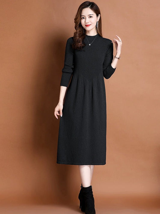 Knitted Wool Mock-Neck A- line Dress for Autumn and Winter